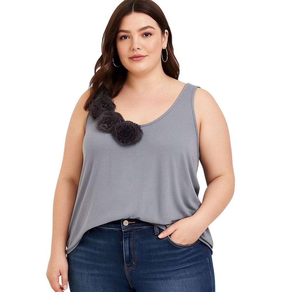 Torrid Gray Sleeveless Floral Applique Rosette Tank Top Womens Plus Size 1 1X